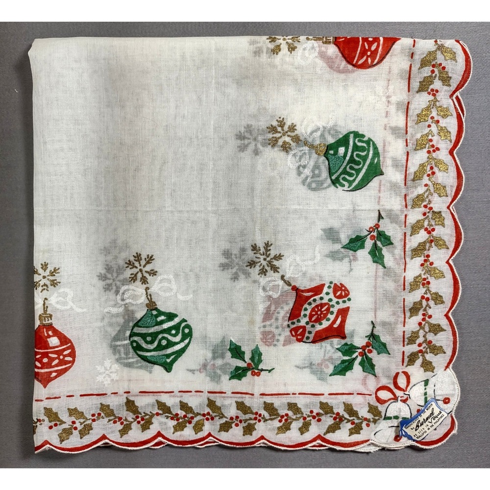 VTG Burmel 14.5 x 14.75 Metallic Gold Holly Bells & Ornaments Hankie Scalloped - Picture 1 of 7
